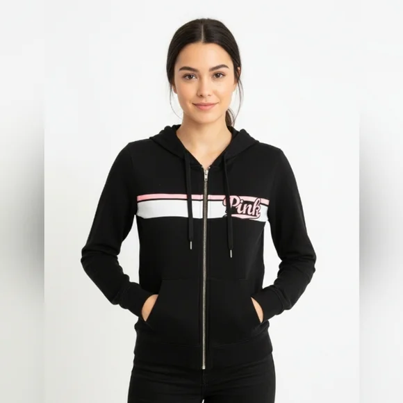 PINK Victoria's Secret Full Zip Hoodie Black Size Medium - Picture 11 of 11